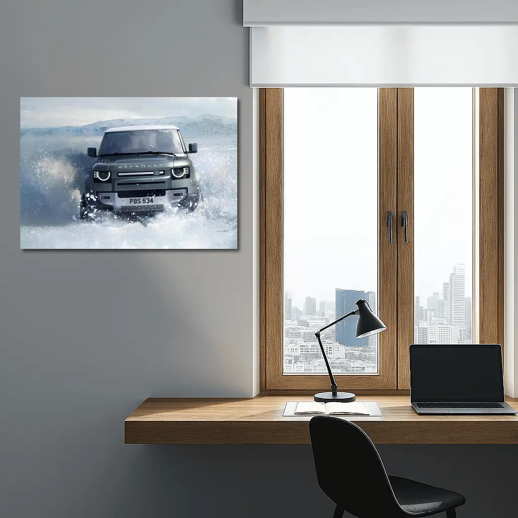 Land Rover Defender Charging Through Snow Landscape – Wall Art