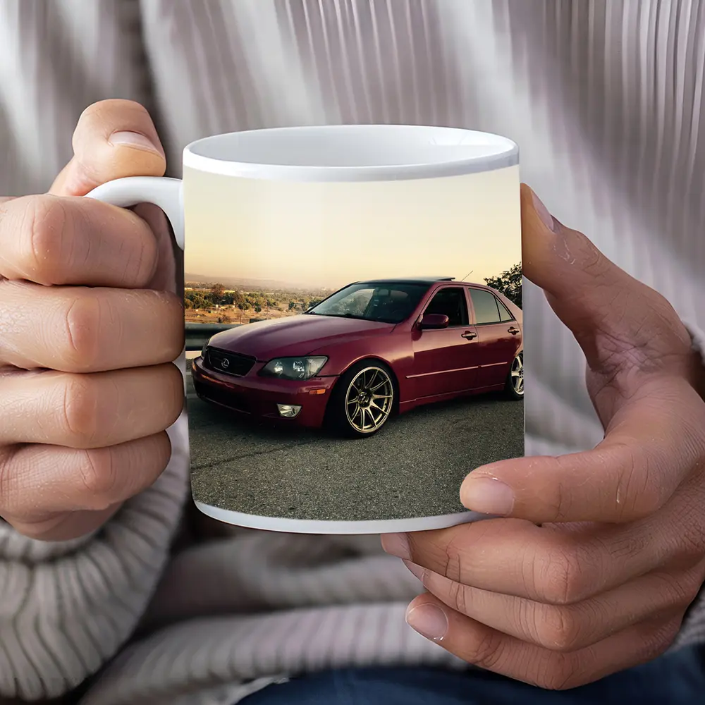 Lexus IS300 Red Sedan Parked Overlooking Valley – Mugs