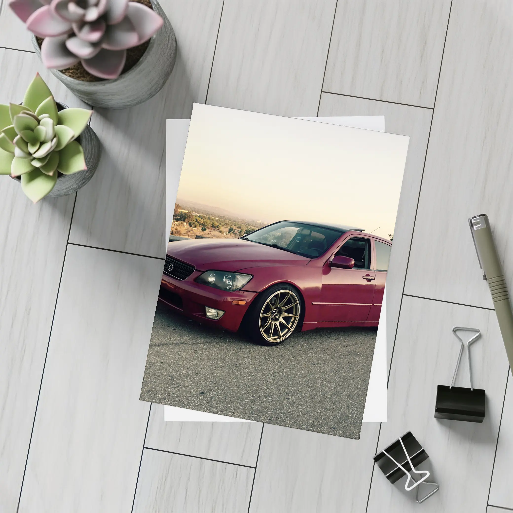Lexus IS300 Red Sedan Parked Overlooking Valley – Postcards
