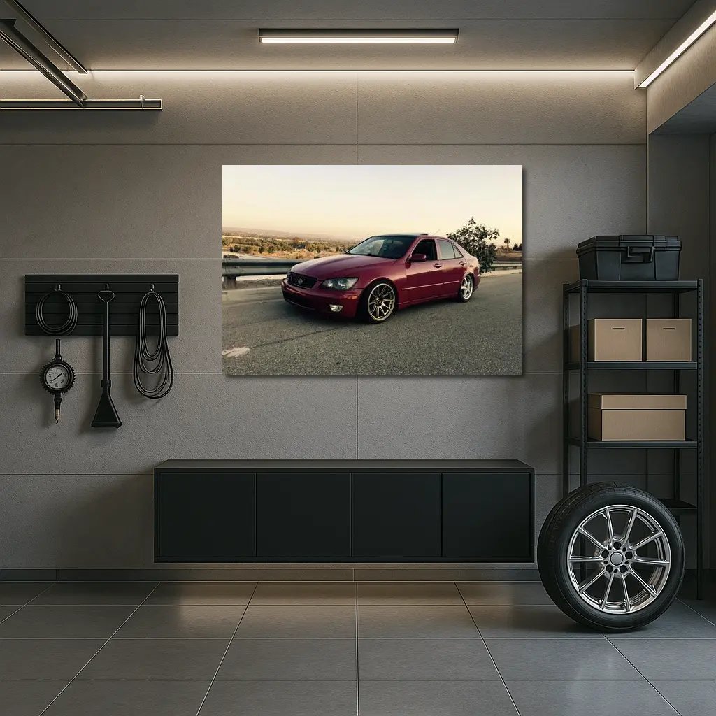 Lexus IS300 Red Sedan Parked Overlooking Valley – Wall Art