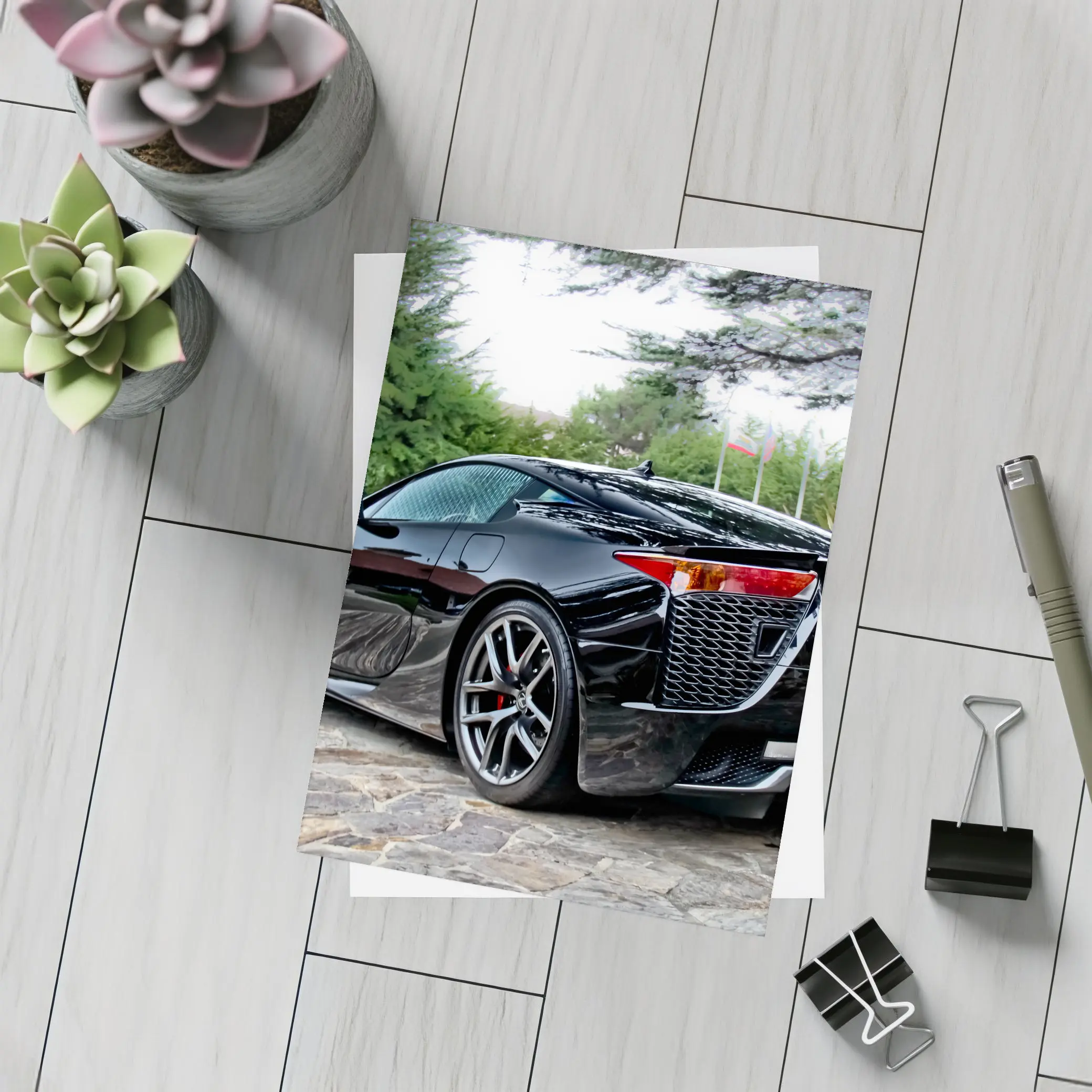 Black Lexus LFA Supercar Courtyard Setting – Postcards
