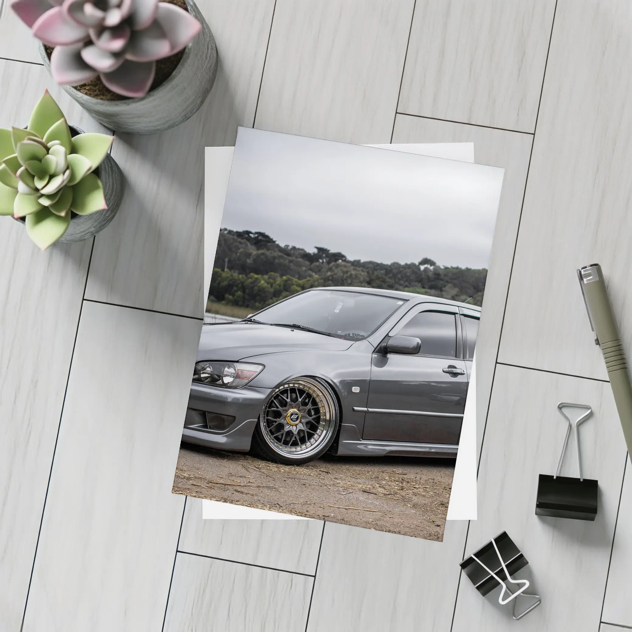 Lexus IS300 Slammed Gray Sedan Overcast Sky – Postcards