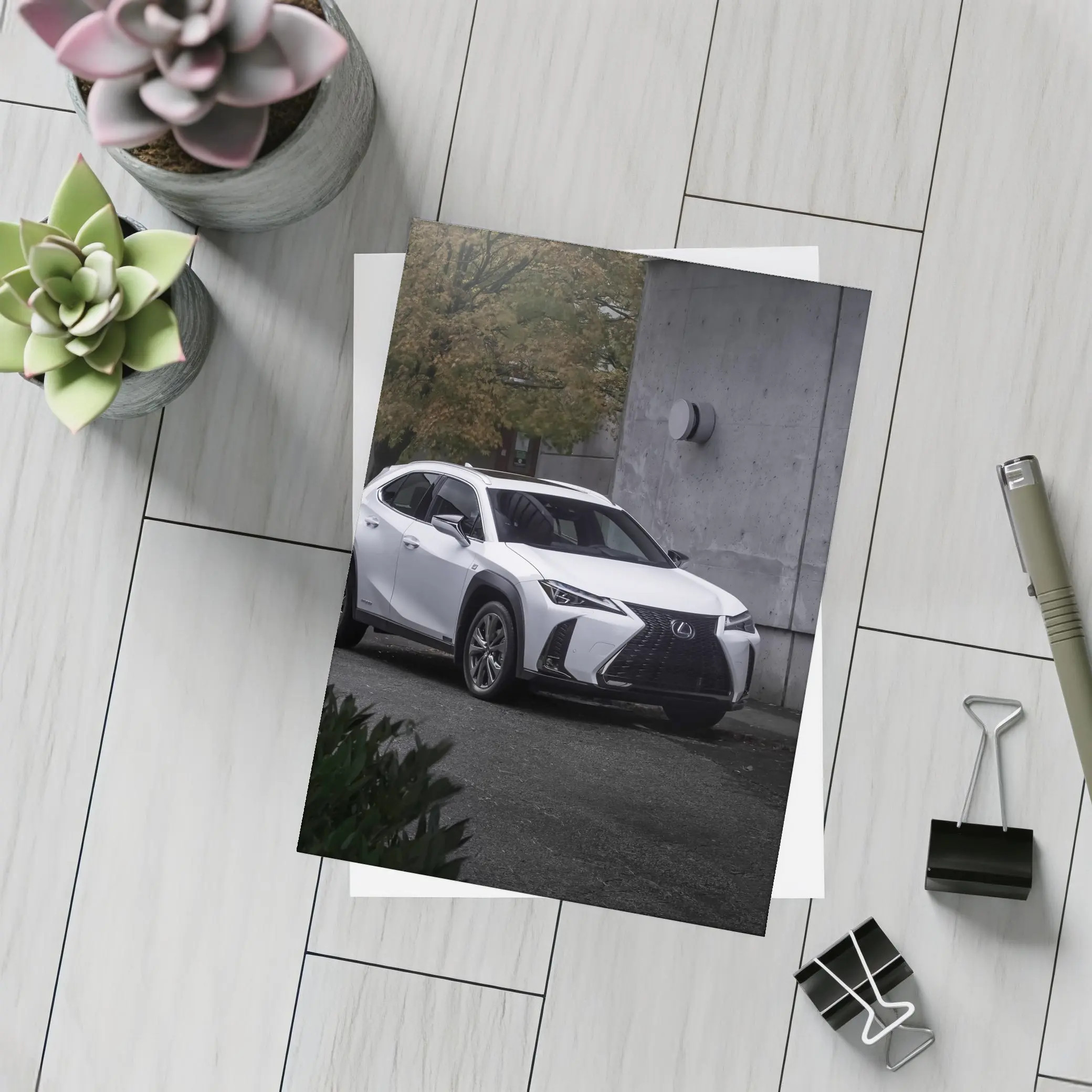 Lexus UX White SUV Urban Concrete Setting – Postcards