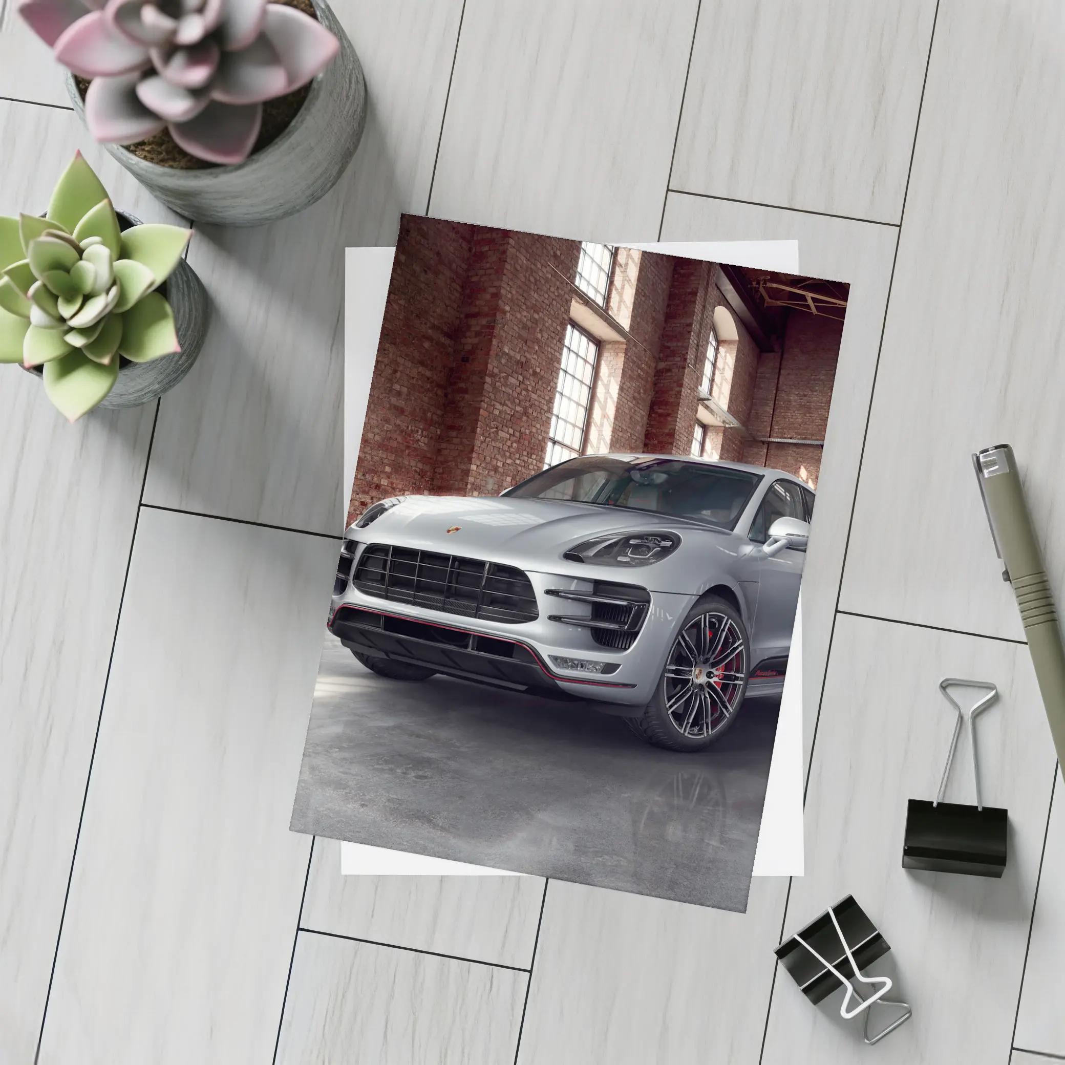 Porsche Macan Turbo Silver Industrial Garage – Postcards