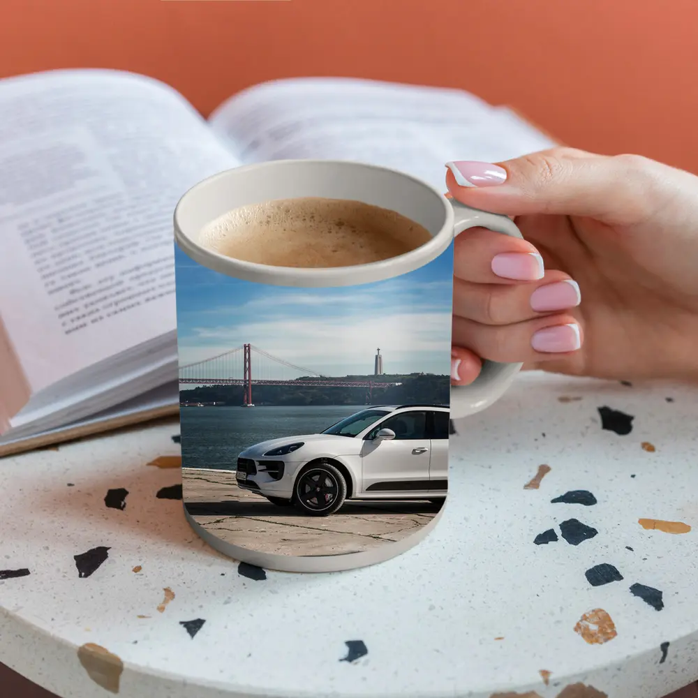 Porsche Macan White SUV Lisbon Bridge – Mugs