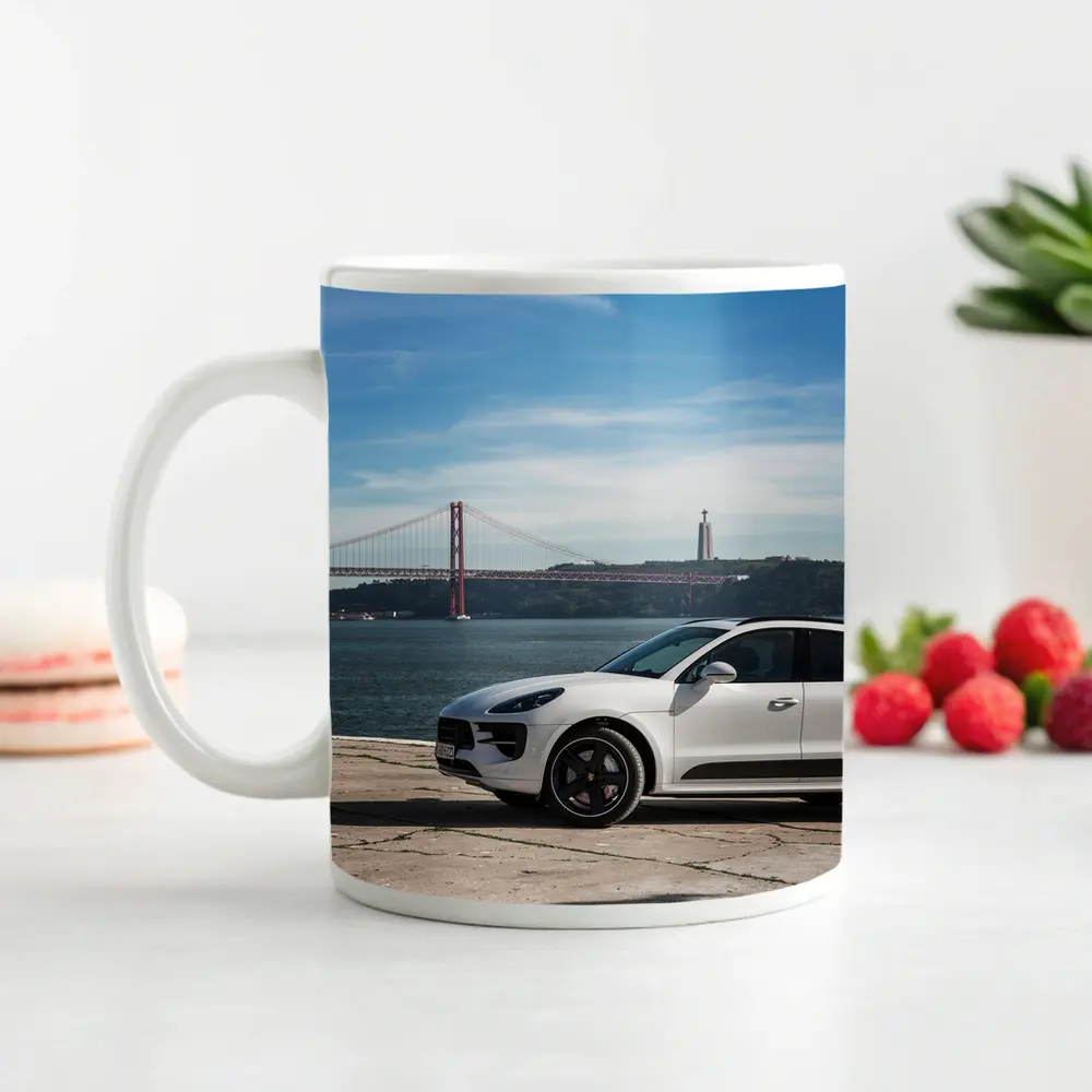 Porsche Macan White SUV Lisbon Bridge – Mugs