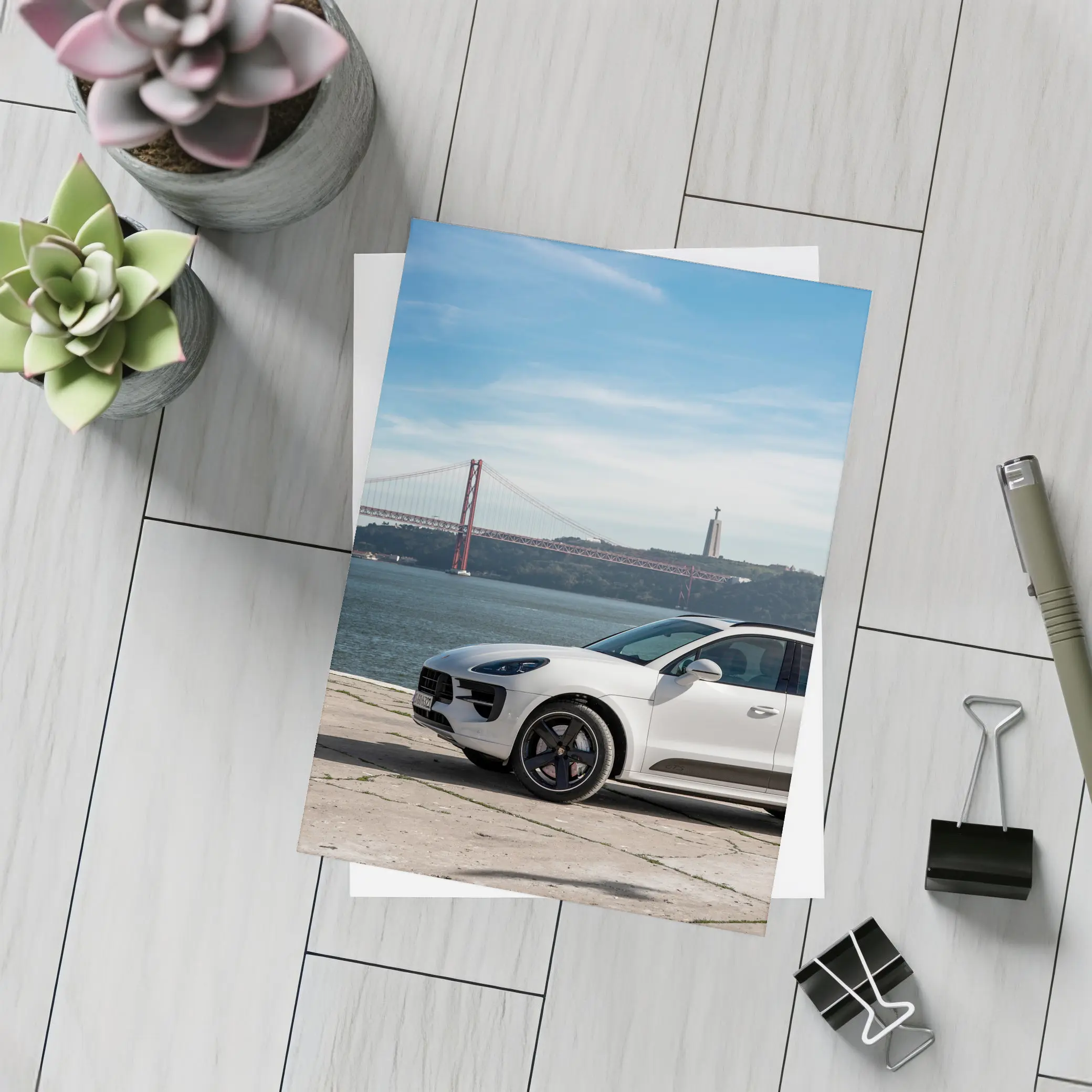 Porsche Macan White SUV Lisbon Bridge – Postcards