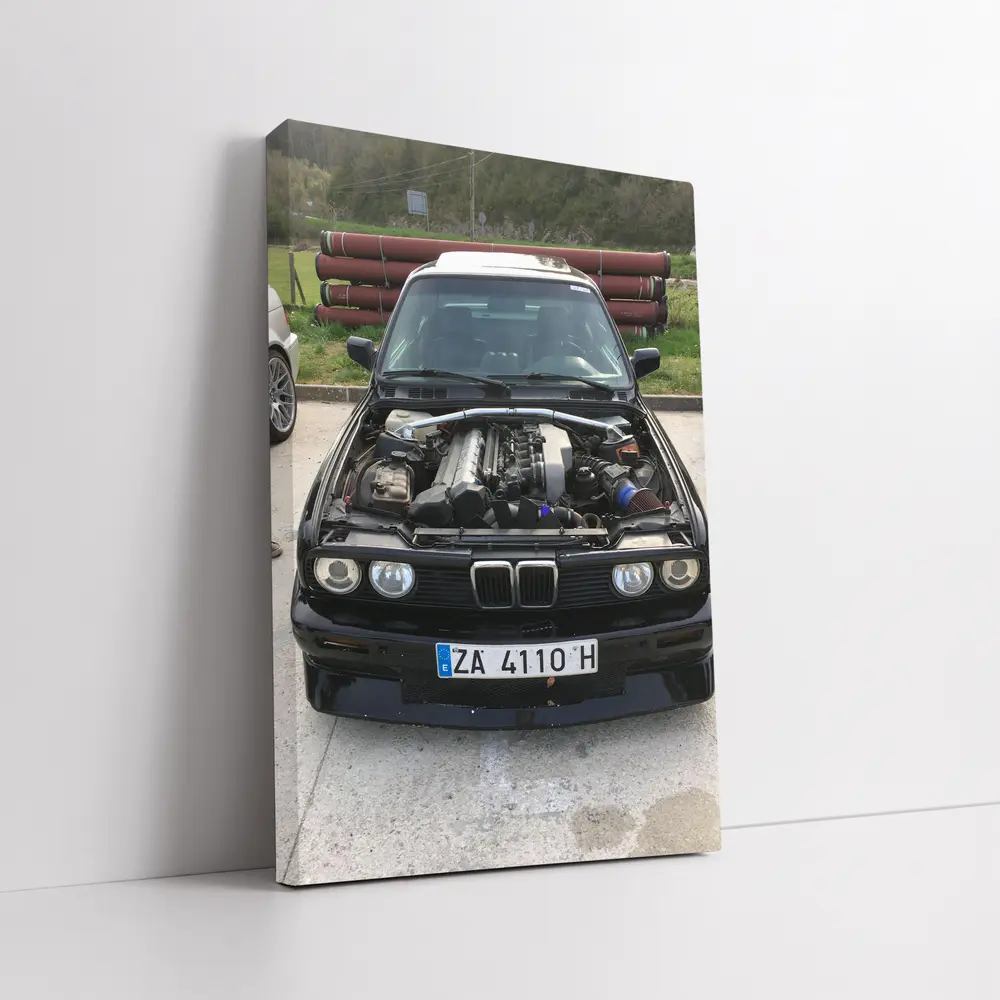 BMW E30 Black Classic Open Hood Engine – Wall Art