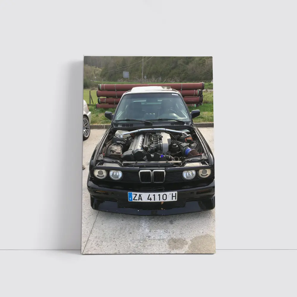 BMW E30 Black Classic Open Hood Engine – Wall Art