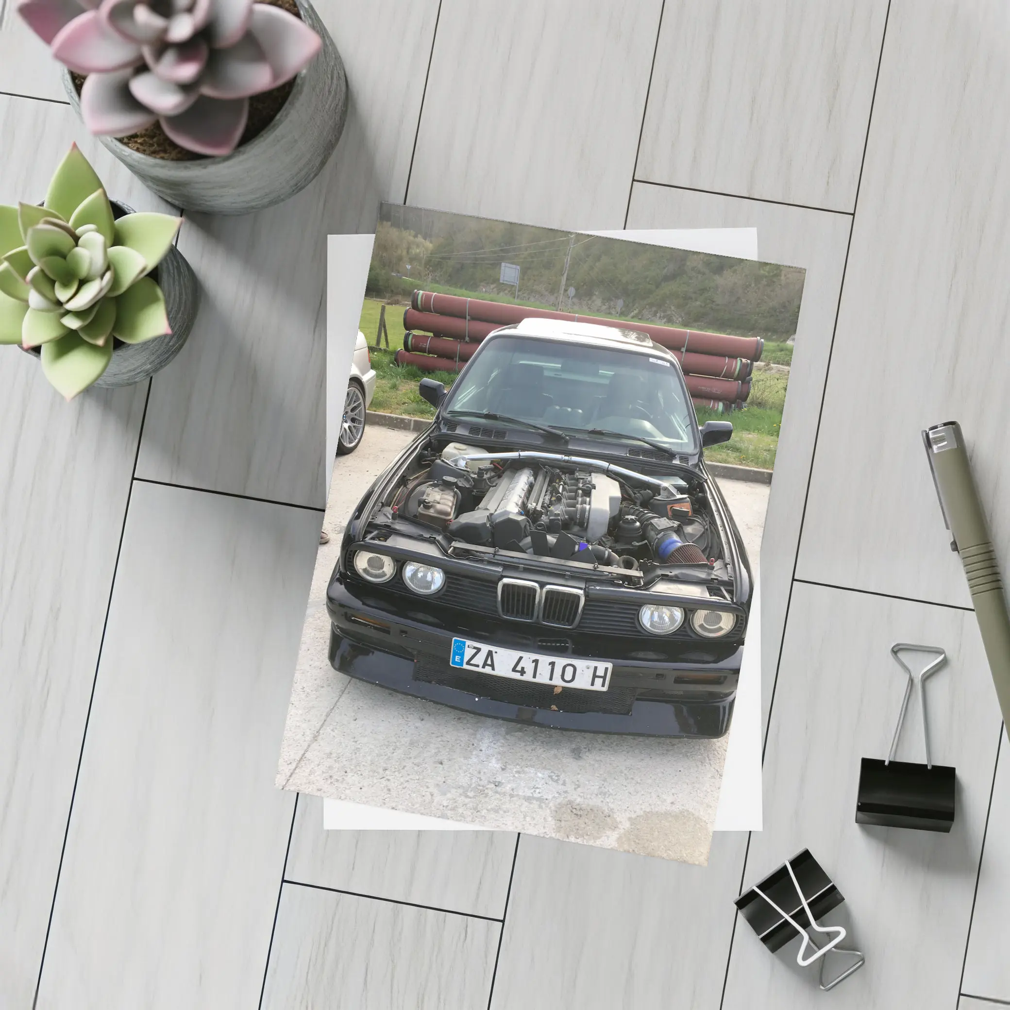 BMW E30 Black Classic Open Hood Engine – Postcards