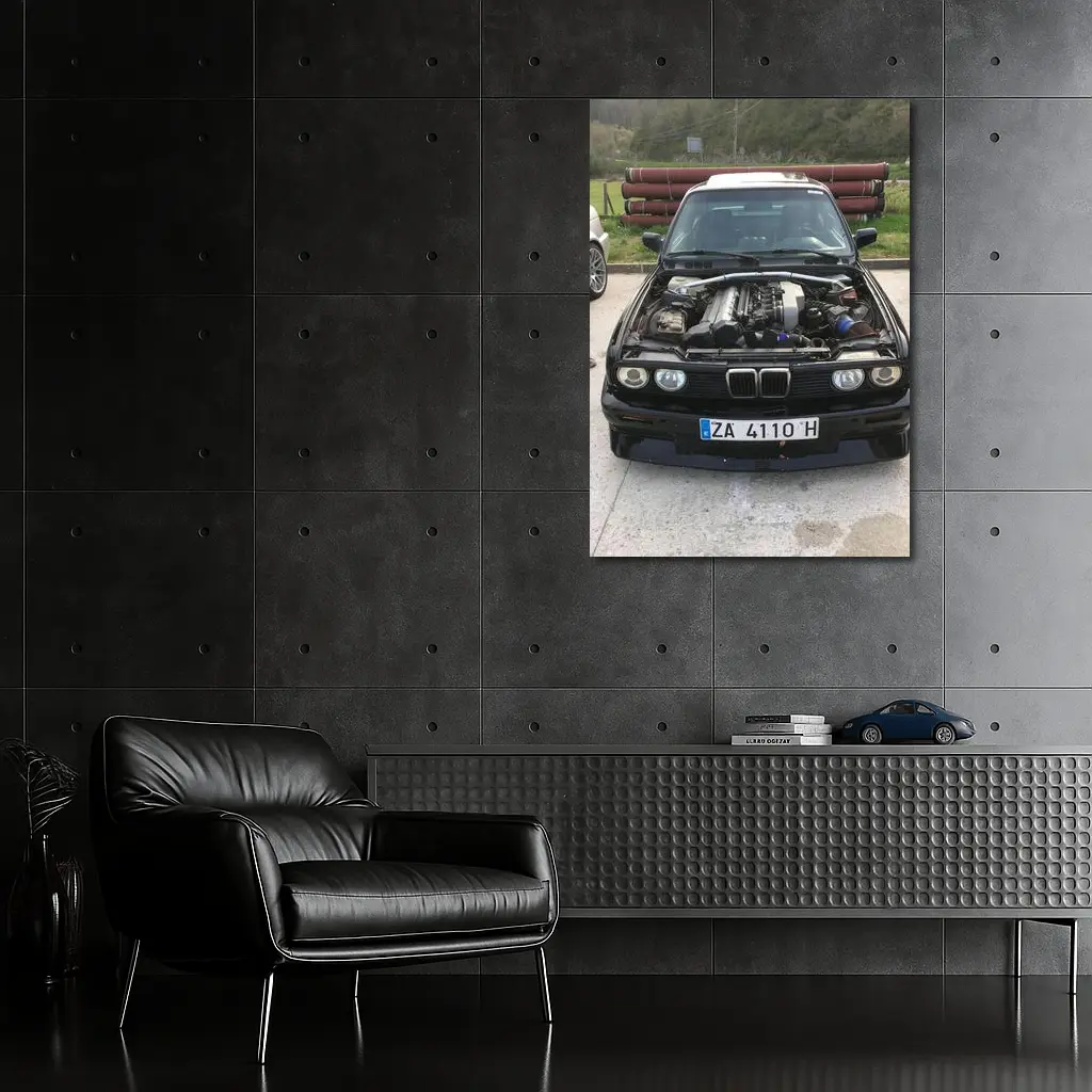 BMW E30 Black Classic Open Hood Engine – Wall Art