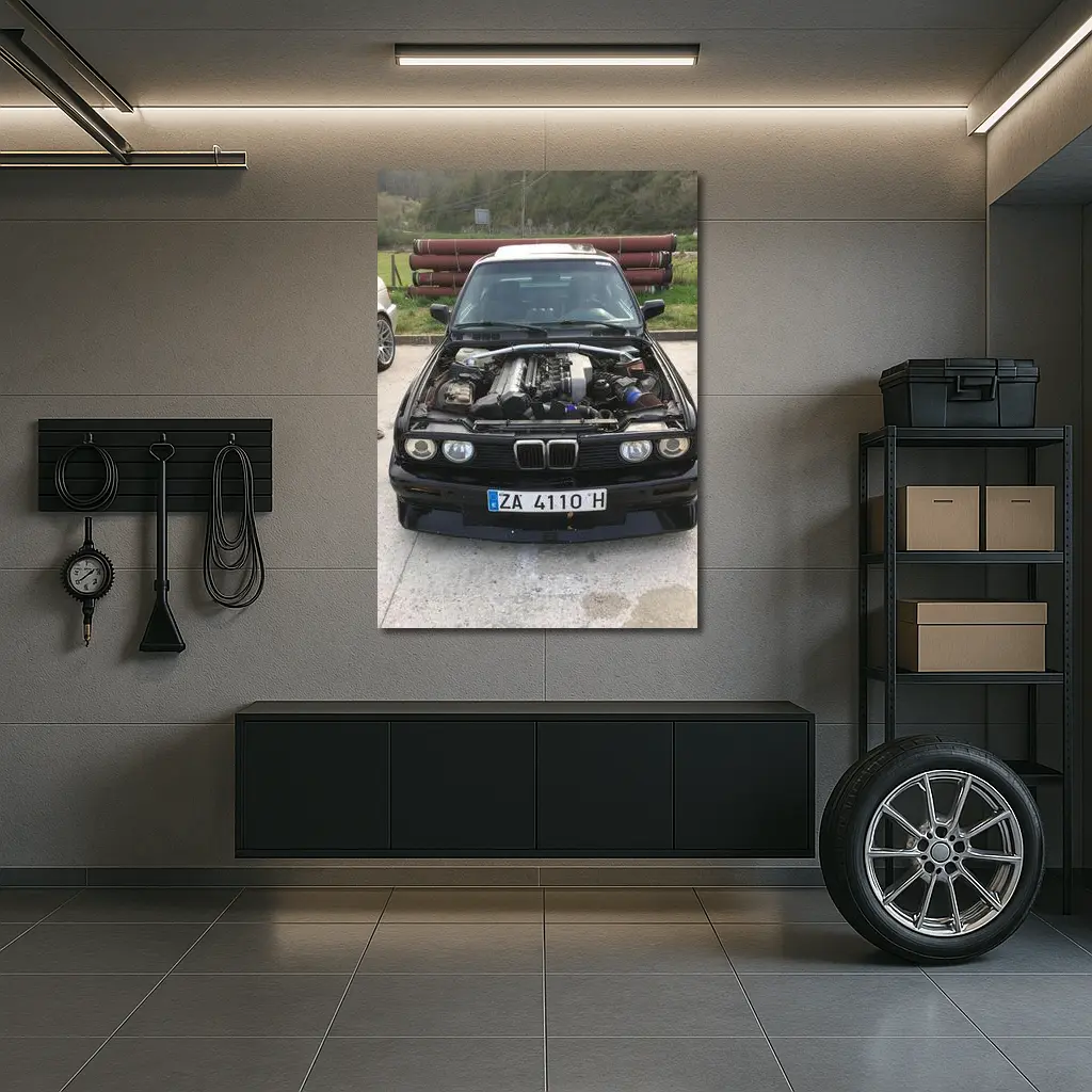 BMW E30 Black Classic Open Hood Engine – Wall Art