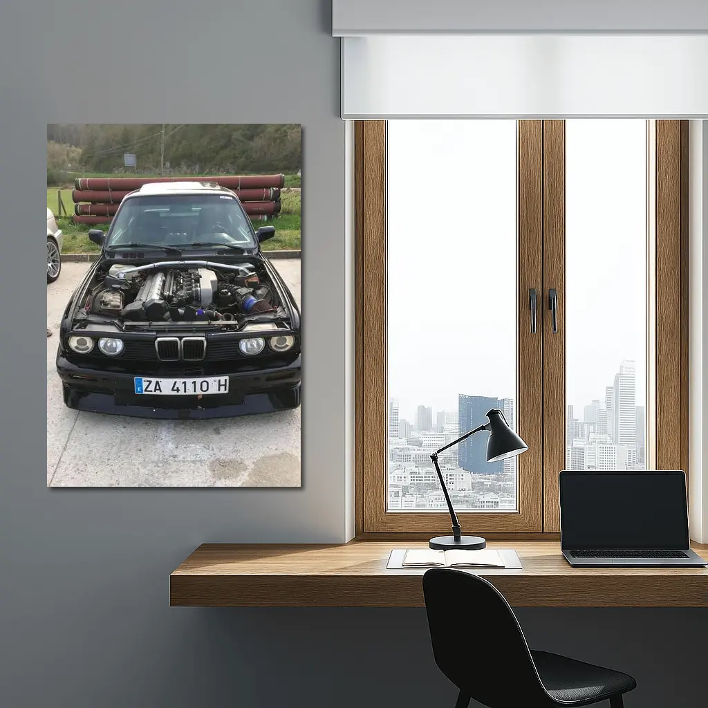 BMW E30 Black Classic Open Hood Engine – Wall Art
