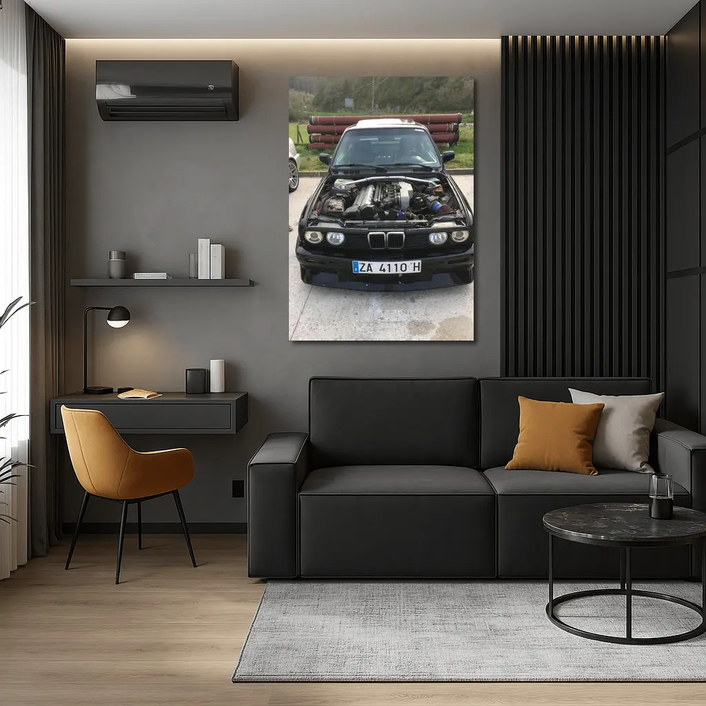 BMW E30 Black Classic Open Hood Engine – Wall Art