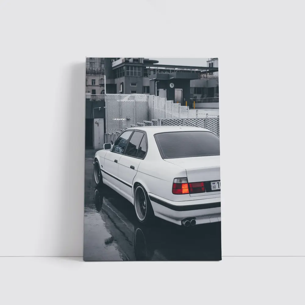 BMW E34 White Sedan Rainy Urban Street – Wall Art