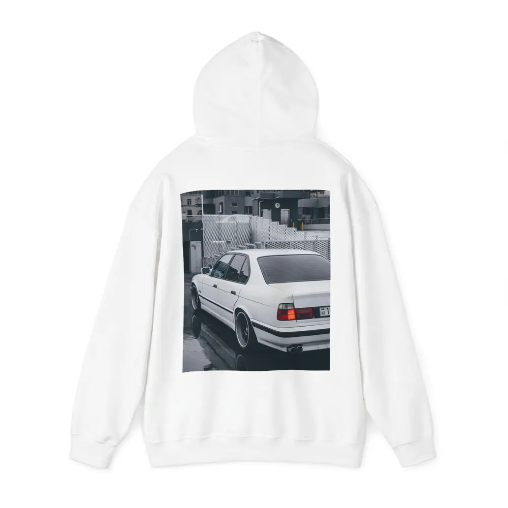 BMW E34 White Sedan Rainy Urban Street – Hoodies