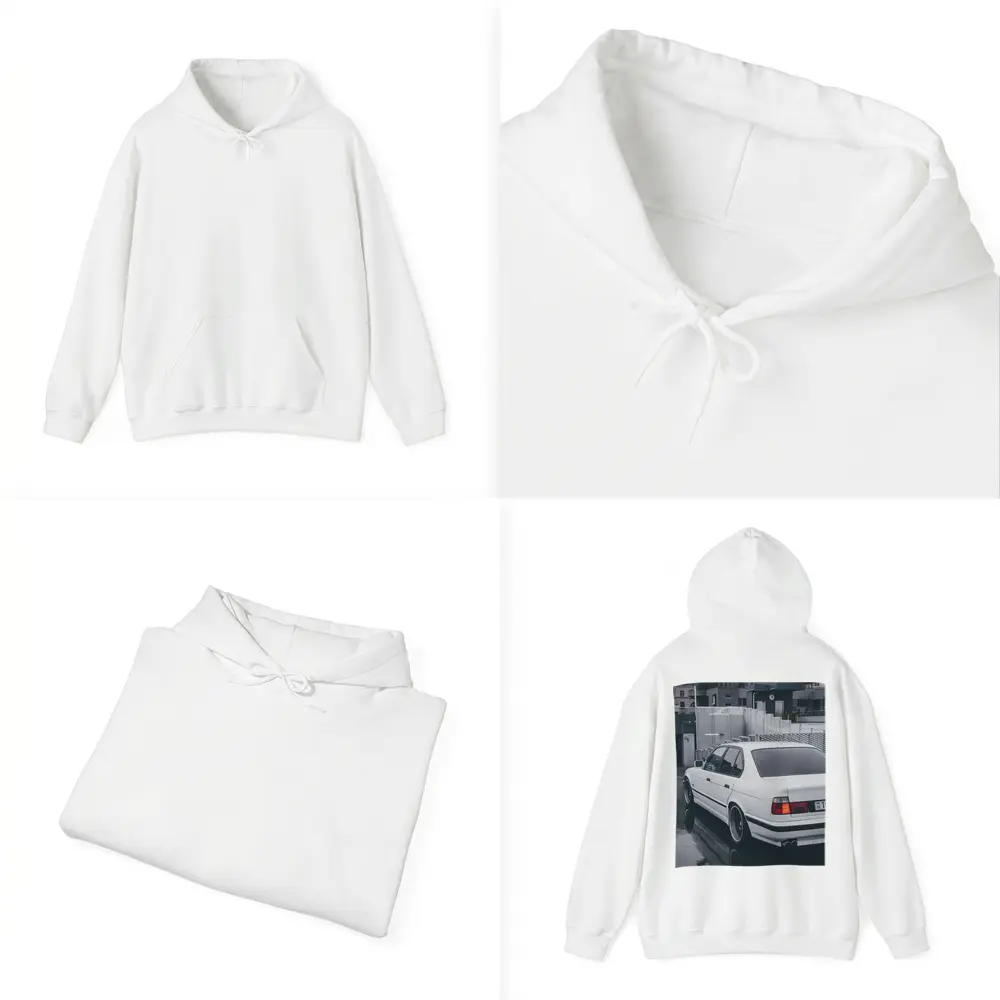 BMW E34 White Sedan Rainy Urban Street – Hoodies