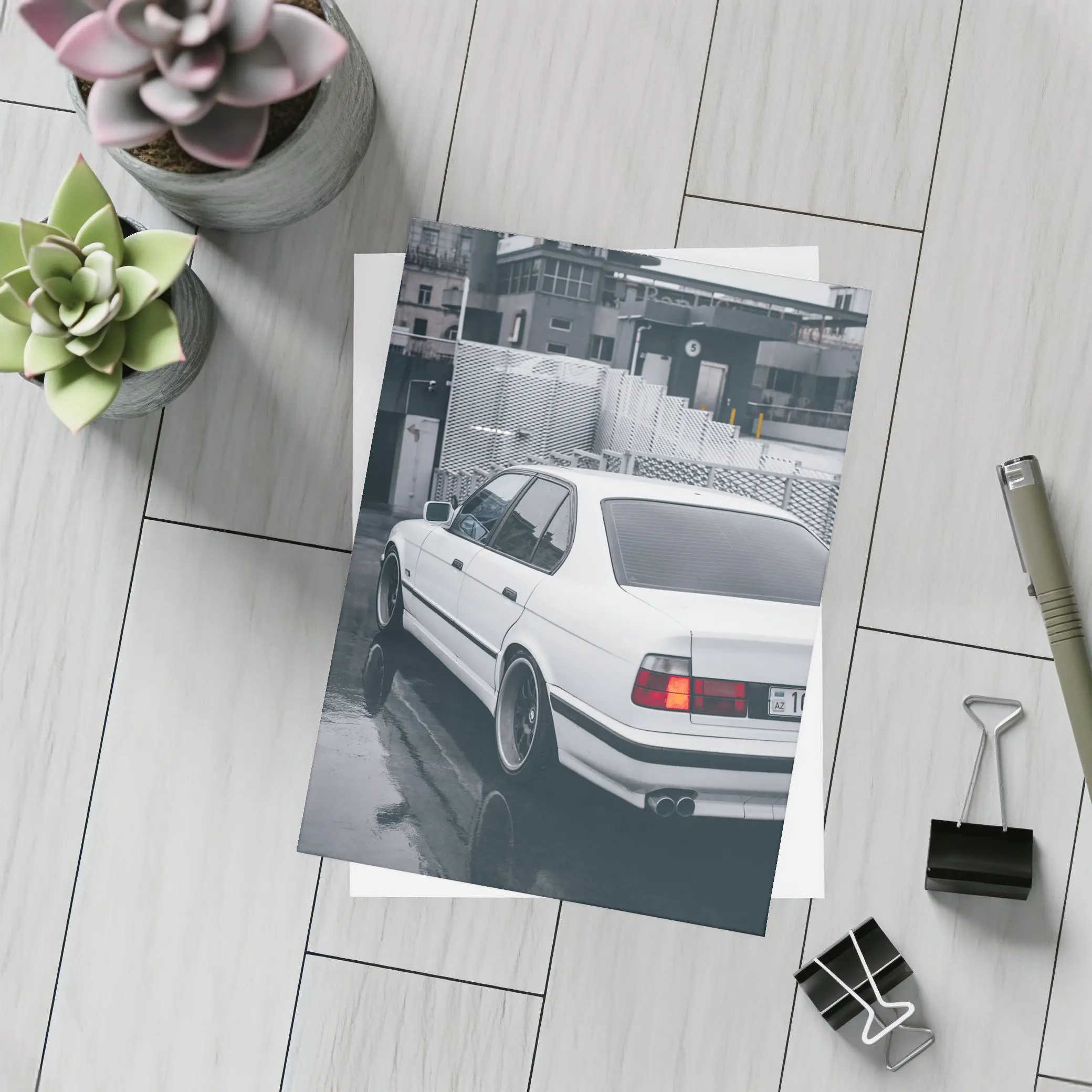 BMW E34 White Sedan Rainy Urban Street – Postcards