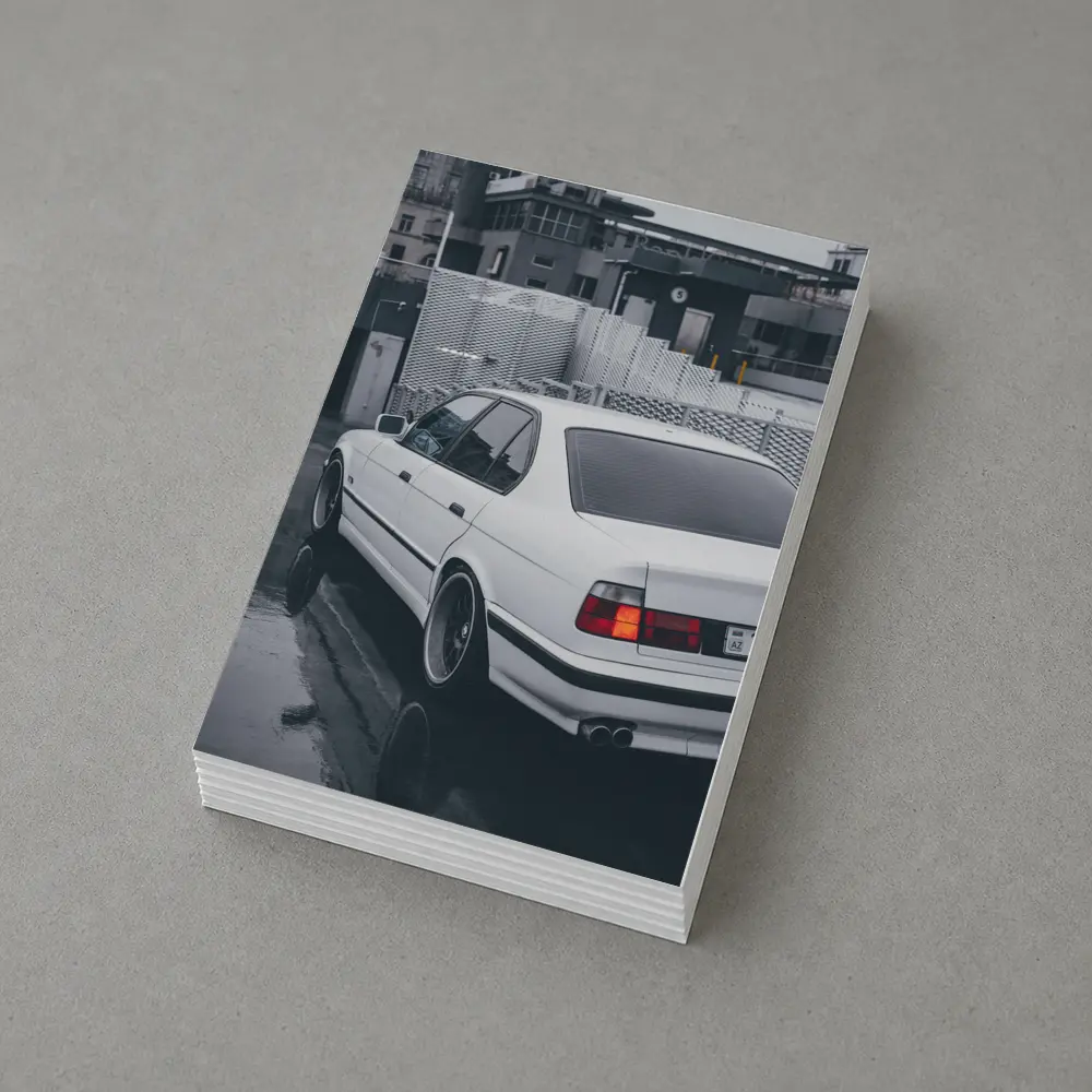 BMW E34 White Sedan Rainy Urban Street – Postcards