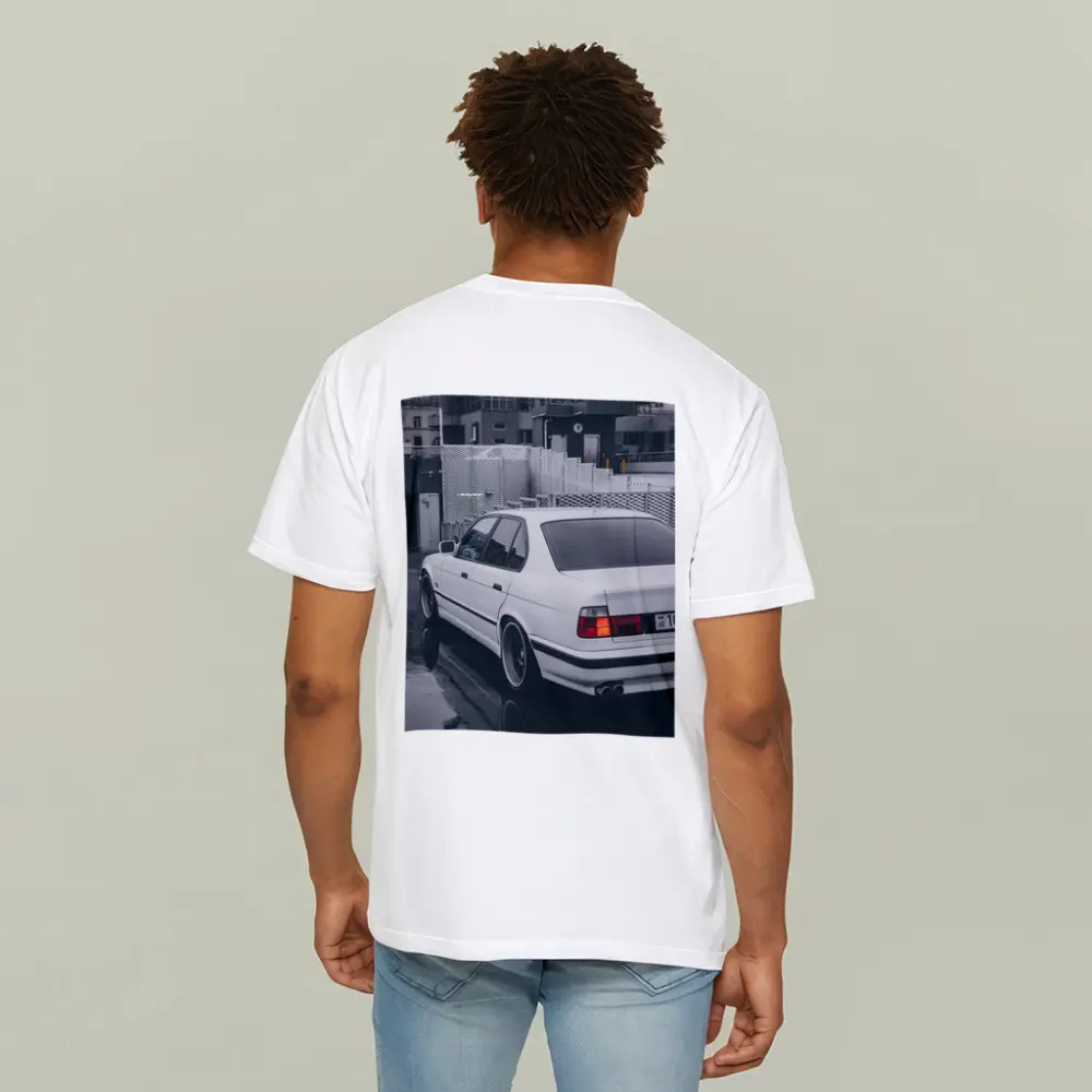 BMW E34 White Sedan Rainy Urban Street – T-Shirts
