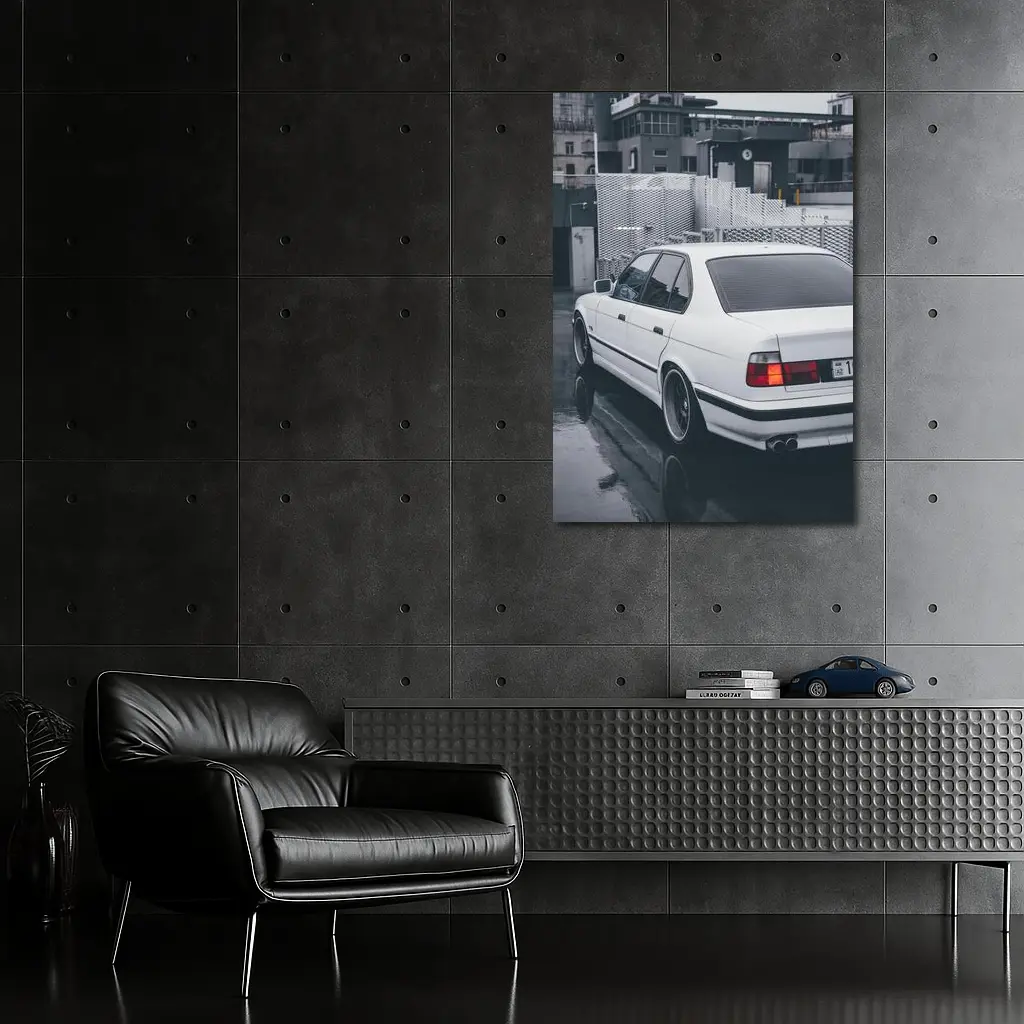 BMW E34 White Sedan Rainy Urban Street – Wall Art