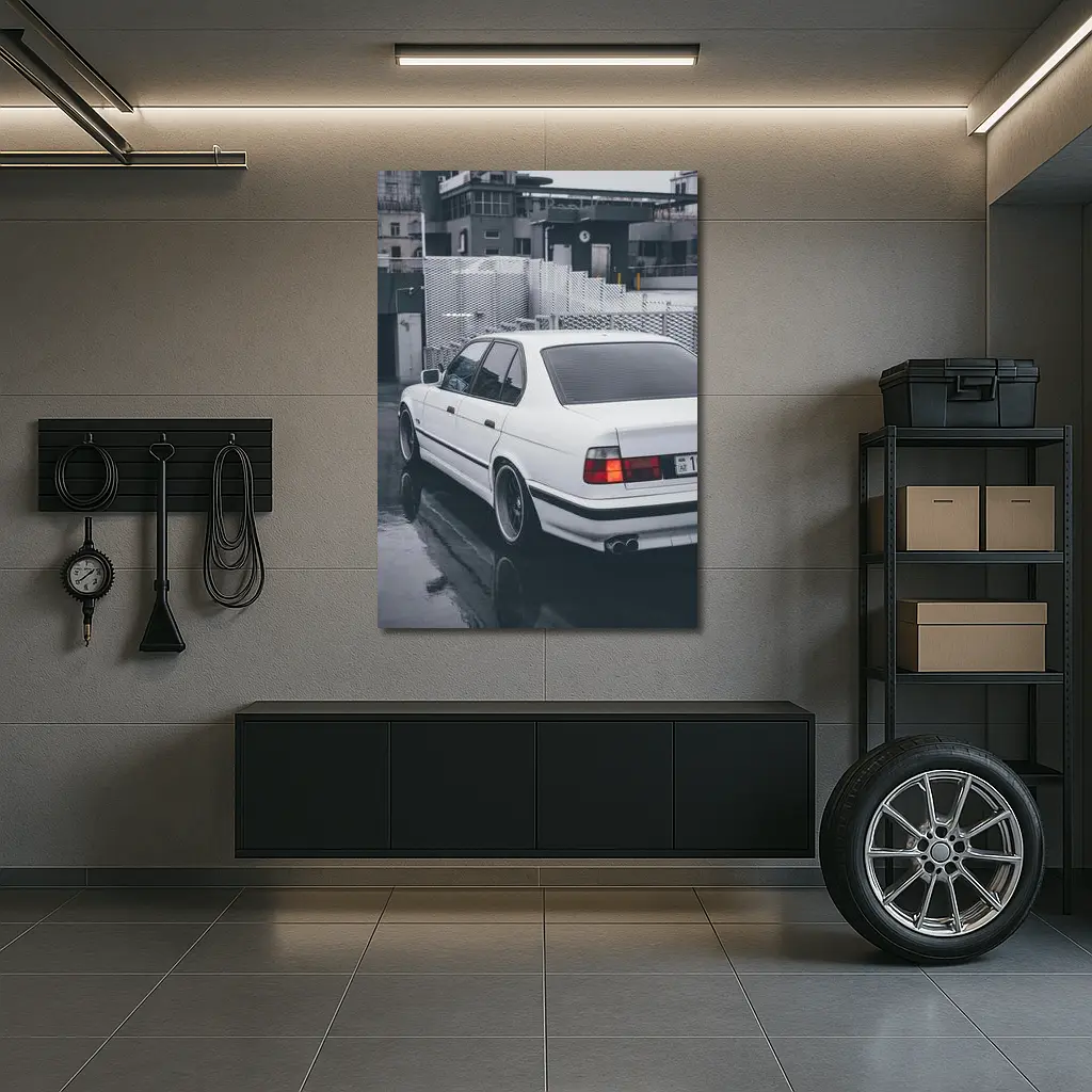BMW E34 White Sedan Rainy Urban Street – Wall Art