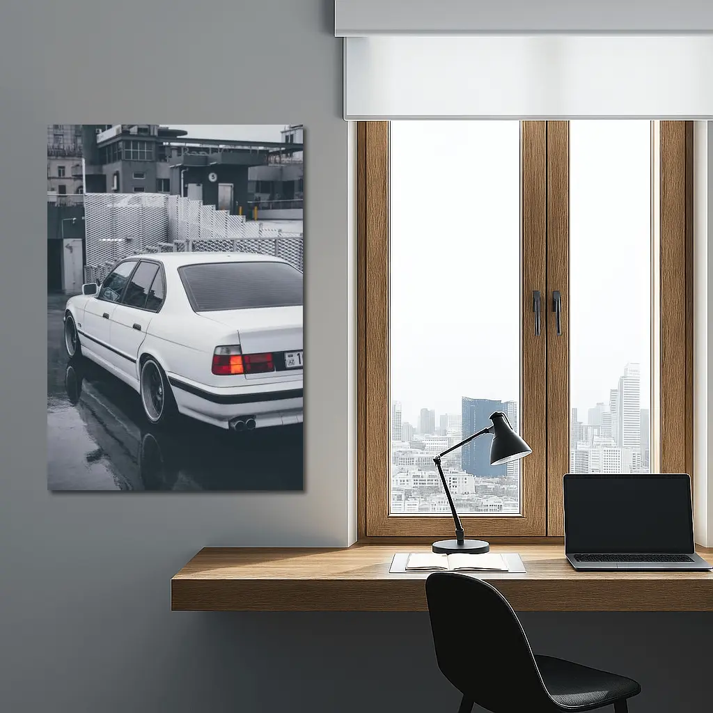 BMW E34 White Sedan Rainy Urban Street – Wall Art