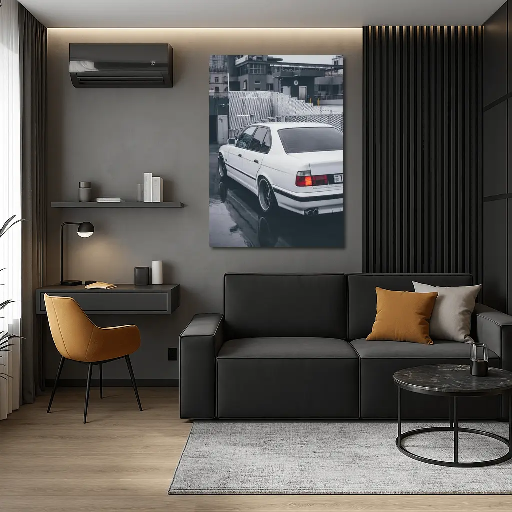 BMW E34 White Sedan Rainy Urban Street – Wall Art