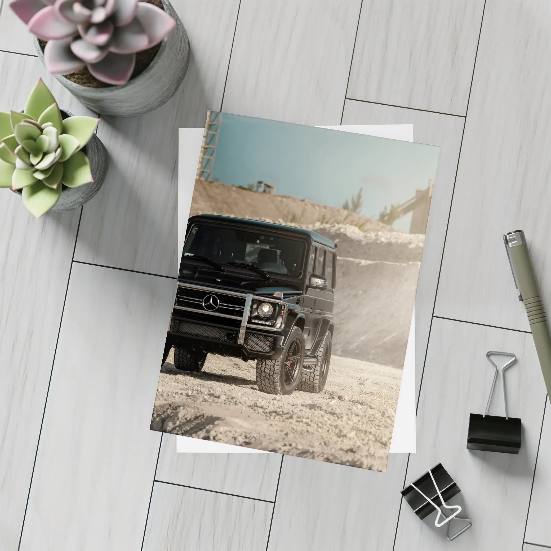 Mercedes G Wagon Black on Sandy Ground – Postcards
