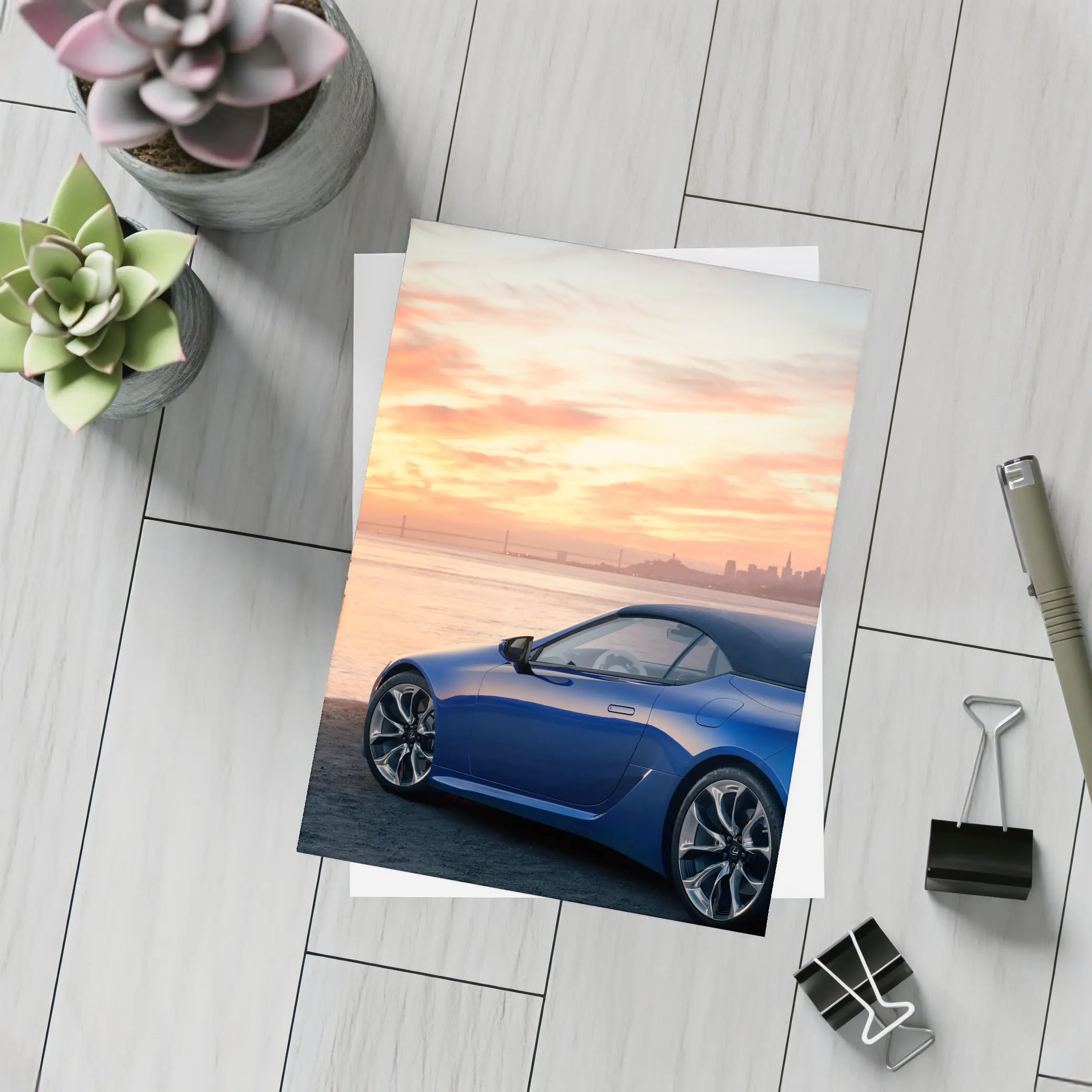 Lexus LC Blue Convertible Sunset Skyline – Postcards