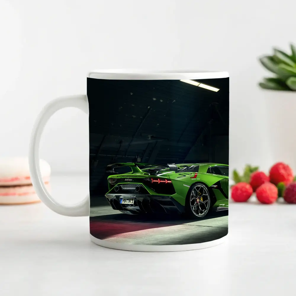 Lamborghini Aventador Green Supercar Garage Shot – Mugs