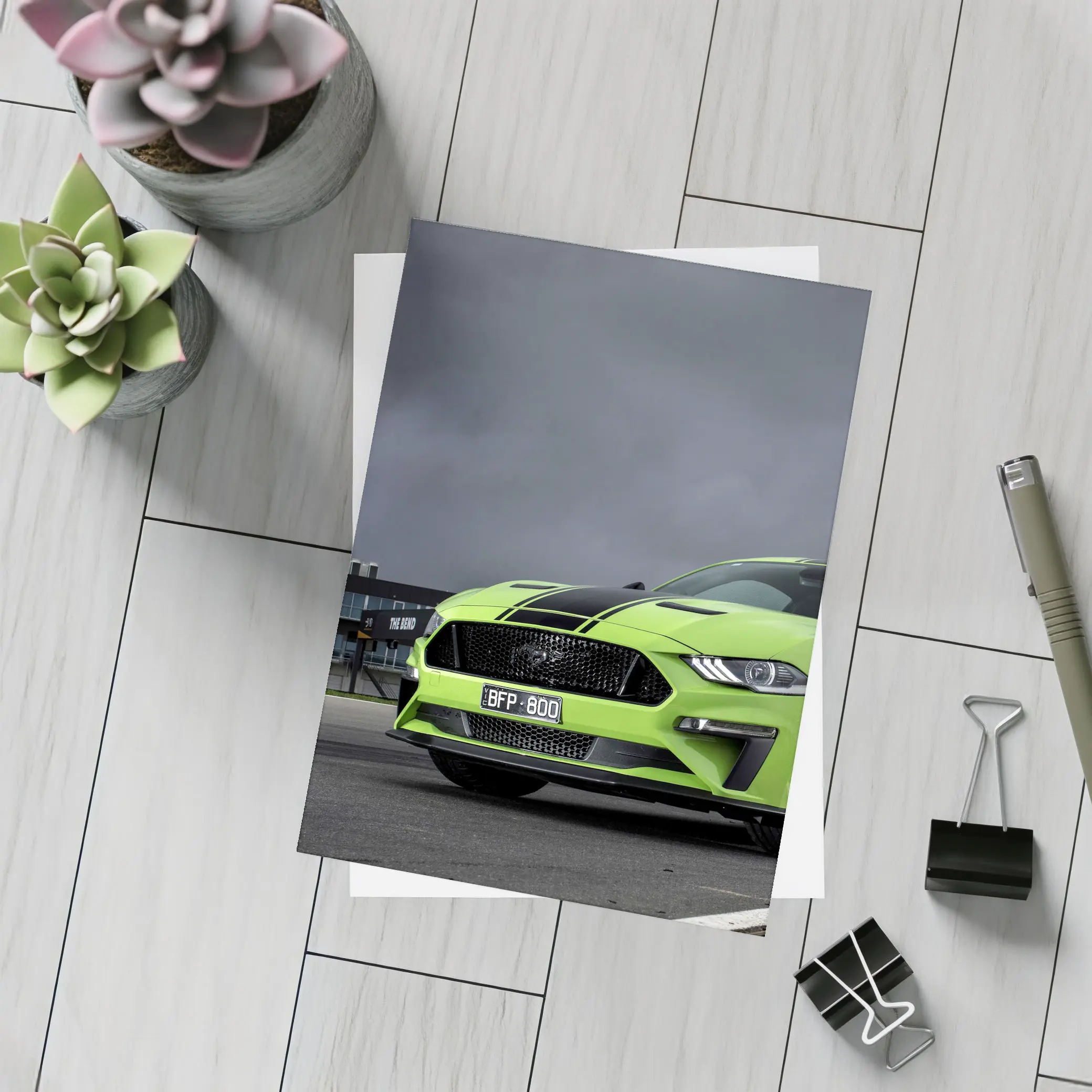 Ford Mustang Green Front View Stormy Track – Postcards