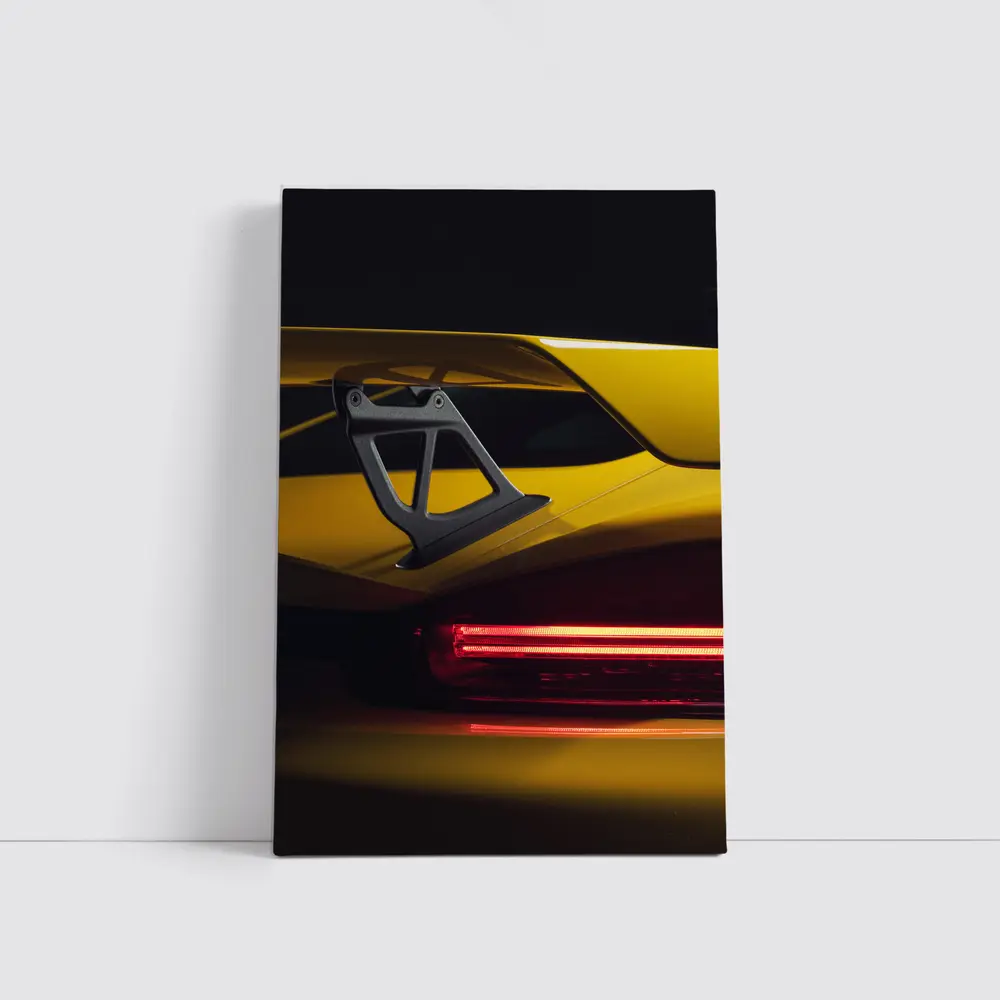 Yellow Lamborghini Rear Wing Dark Background – Wall Art