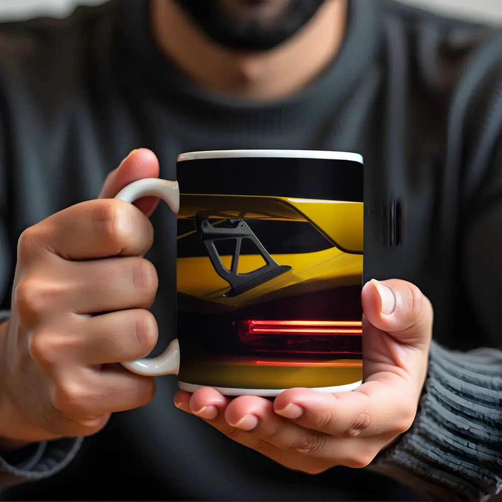Yellow Lamborghini Rear Wing Dark Background – Mugs