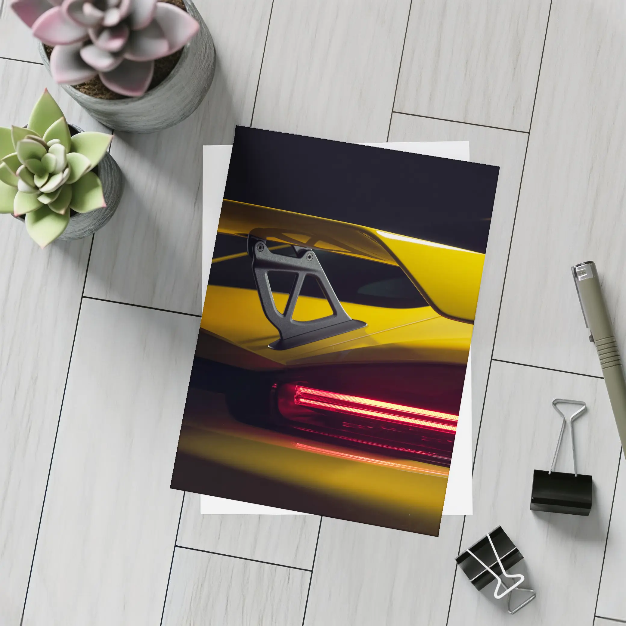 Yellow Lamborghini Rear Wing Dark Background – Postcards