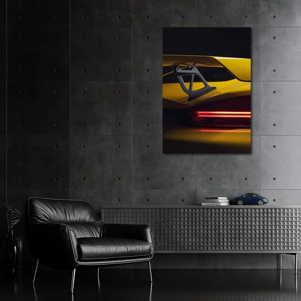 Yellow Lamborghini Rear Wing Dark Background – Wall Art