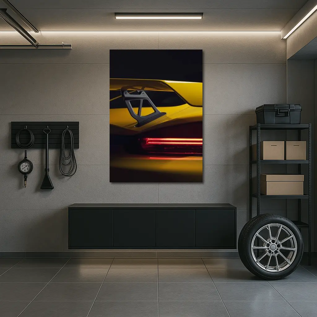 Yellow Lamborghini Rear Wing Dark Background – Wall Art