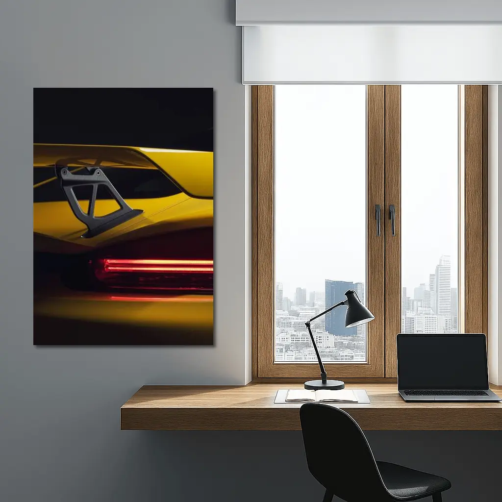 Yellow Lamborghini Rear Wing Dark Background – Wall Art