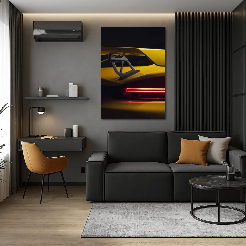 Yellow Lamborghini Rear Wing Dark Background – Wall Art