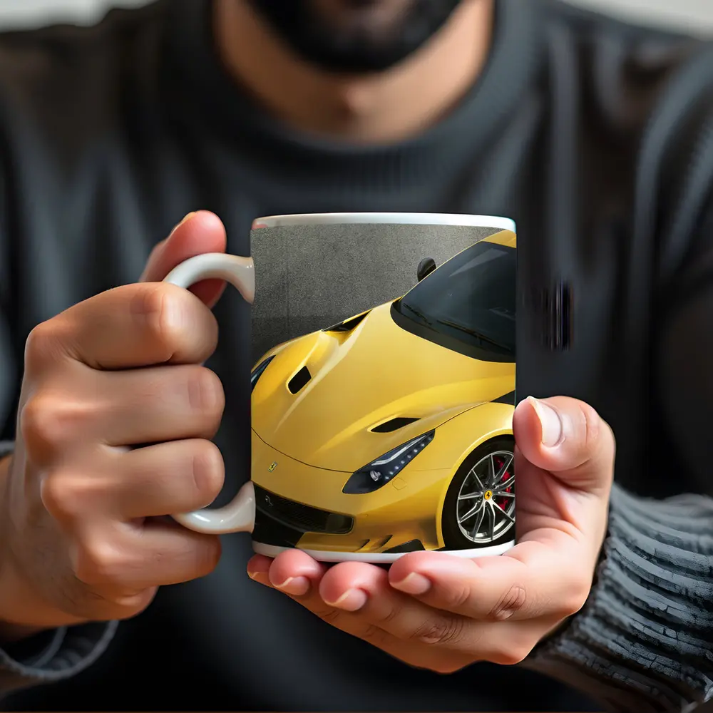 Yellow Ferrari F12tdf On Gray Track – Mugs