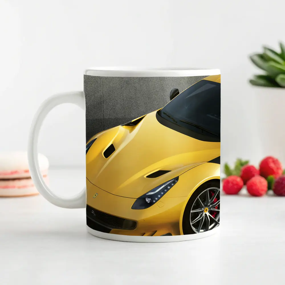 Yellow Ferrari F12tdf On Gray Track – Mugs