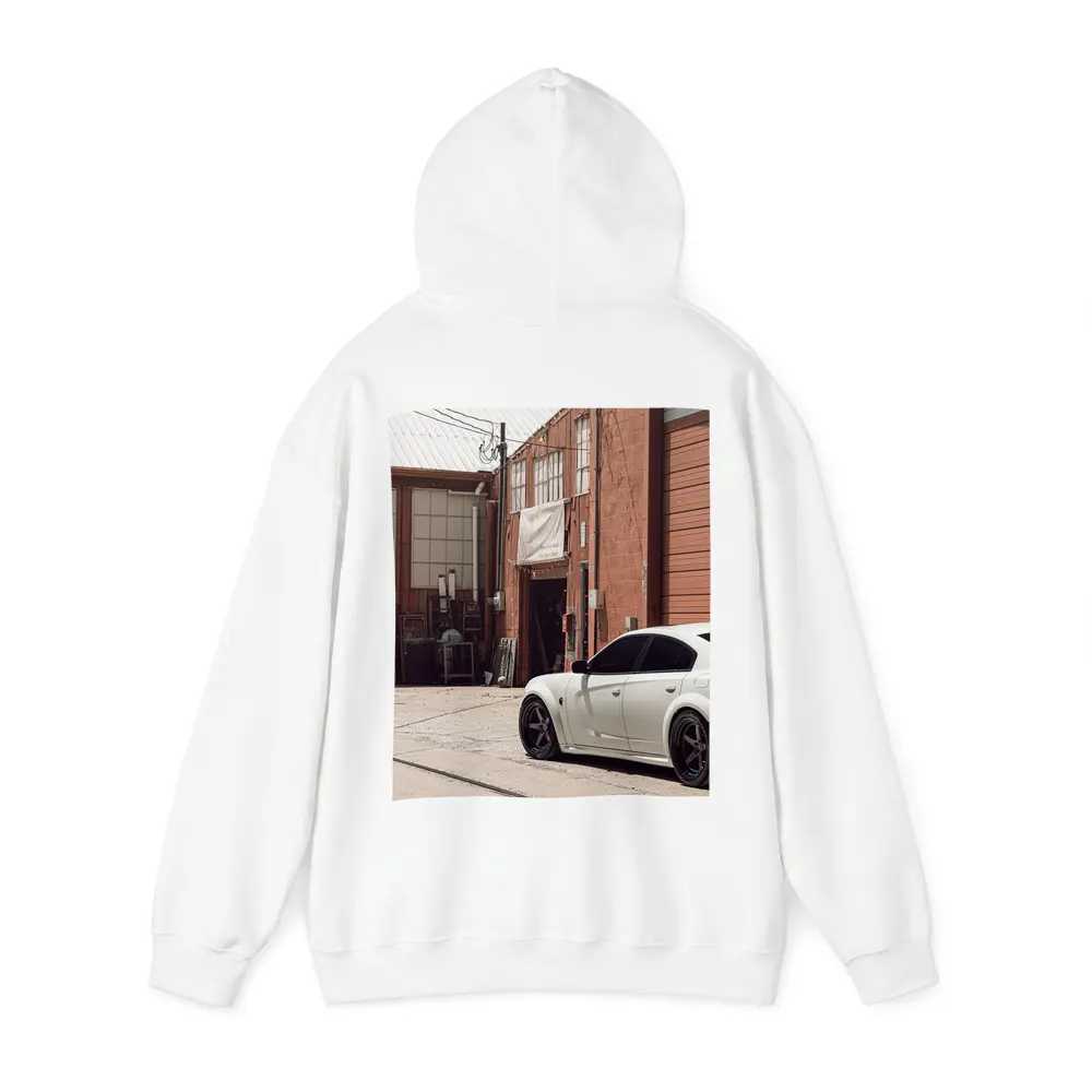 White Dodge Charger Parked Near Industrial Building – Hoodies