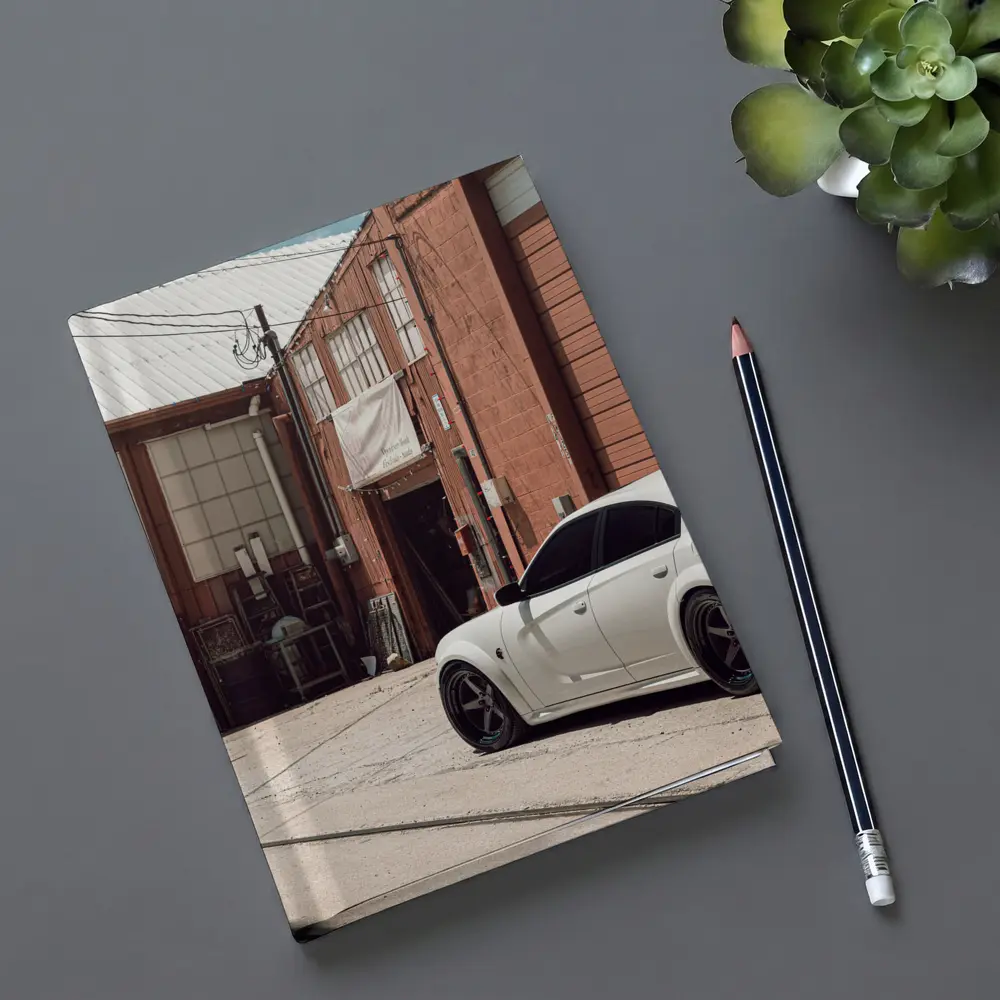 White Dodge Charger Parked Near Industrial Building – Notebooks