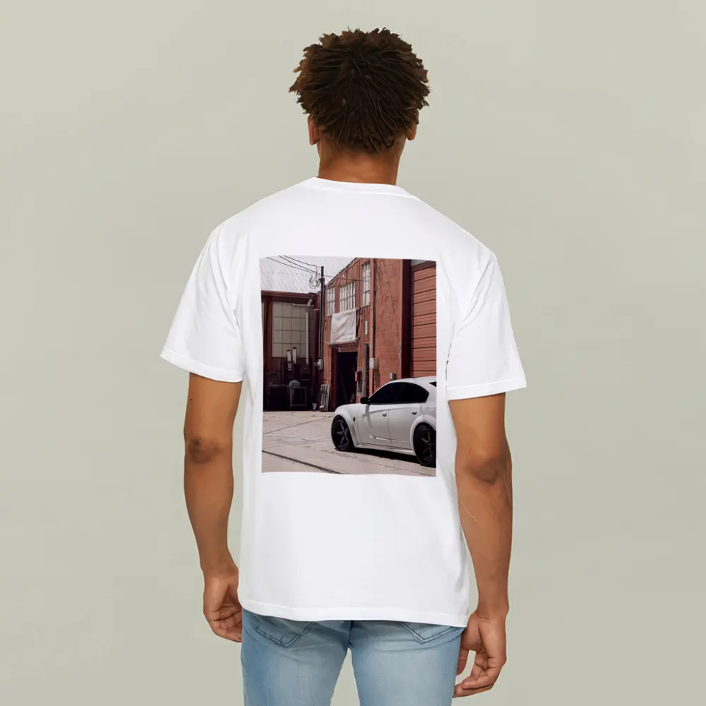 White Dodge Charger Parked Near Industrial Building – T-Shirts