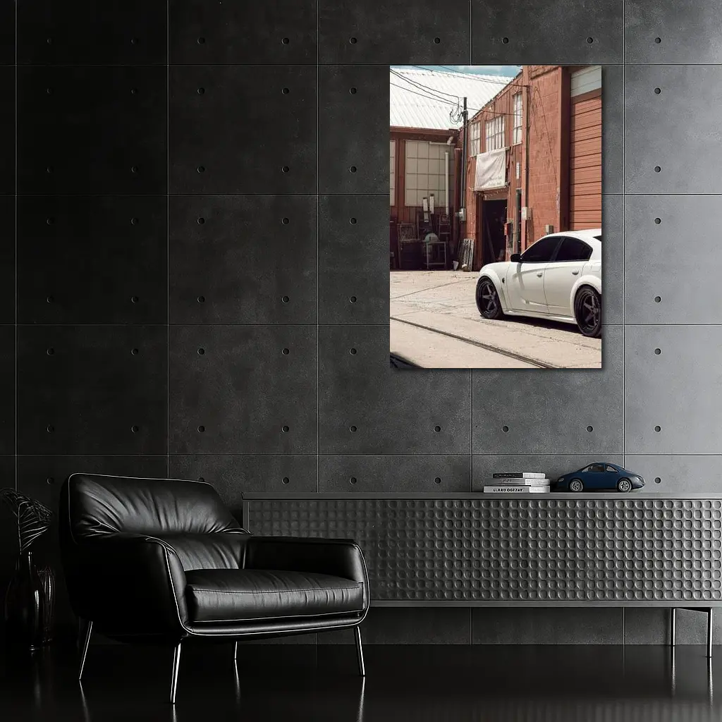 White Dodge Charger Parked Near Industrial Building – Wall Art