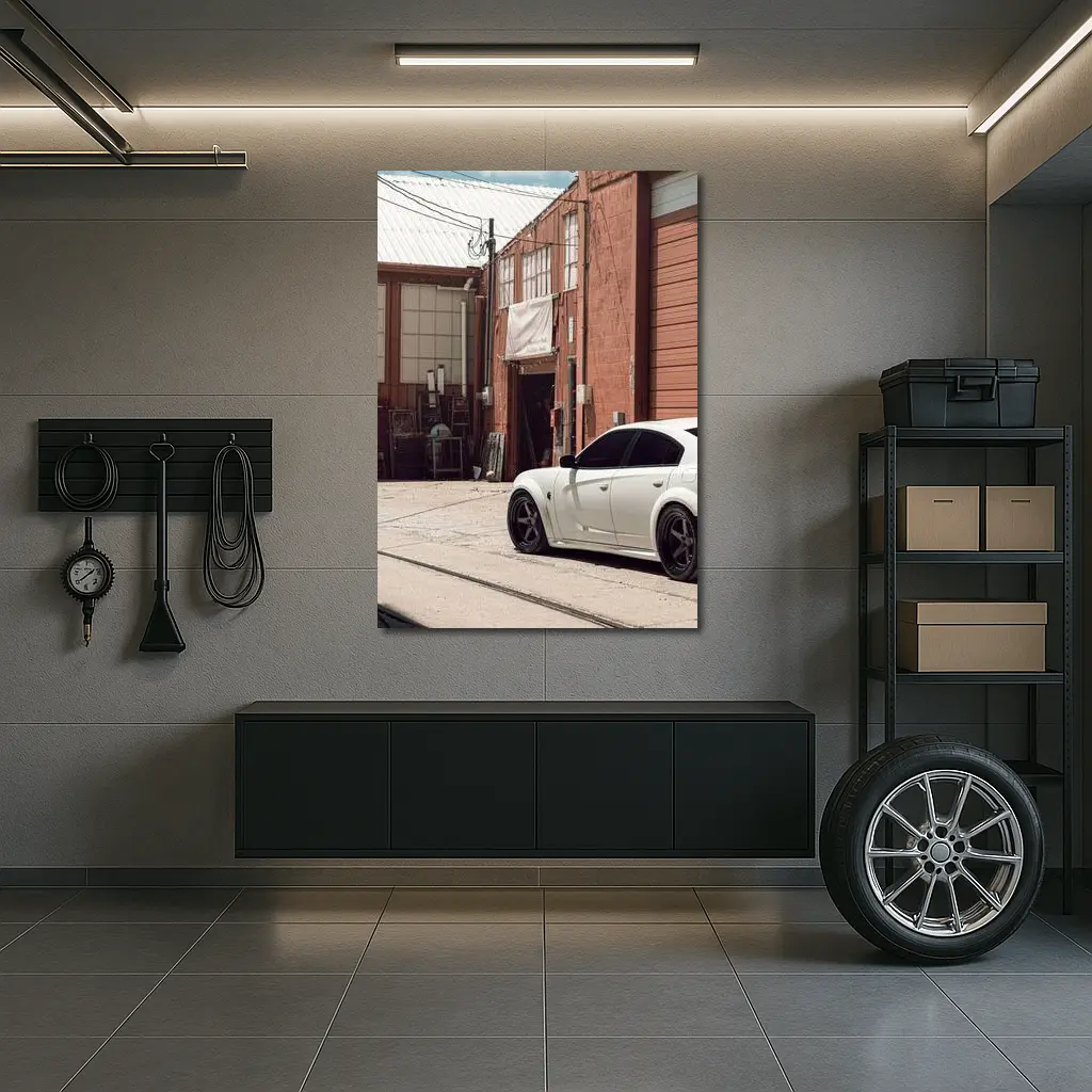 White Dodge Charger Parked Near Industrial Building – Wall Art