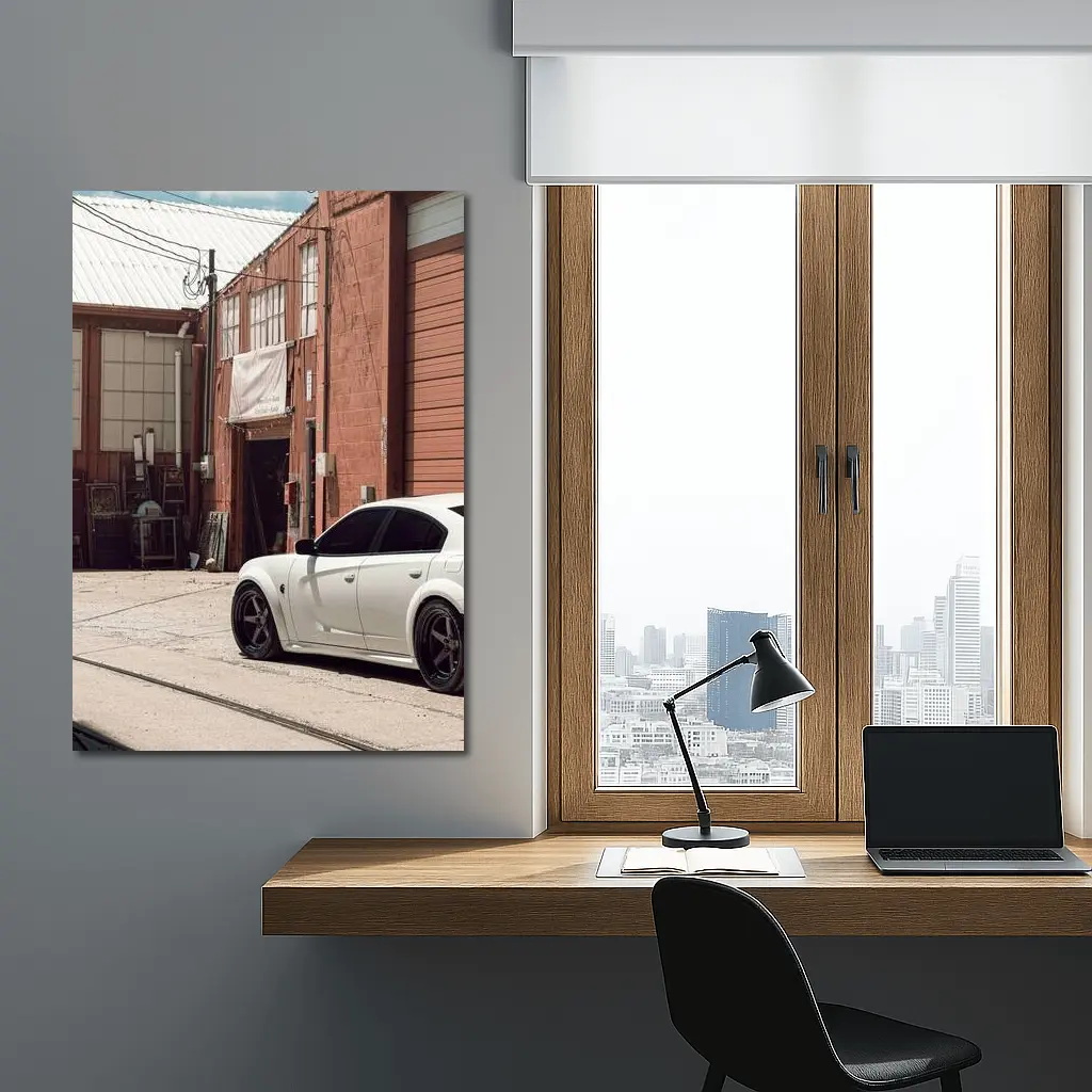 White Dodge Charger Parked Near Industrial Building – Wall Art
