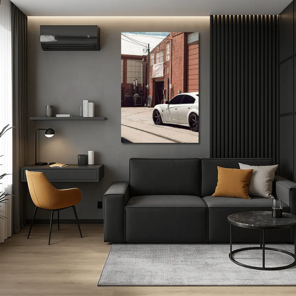 White Dodge Charger Parked Near Industrial Building – Wall Art