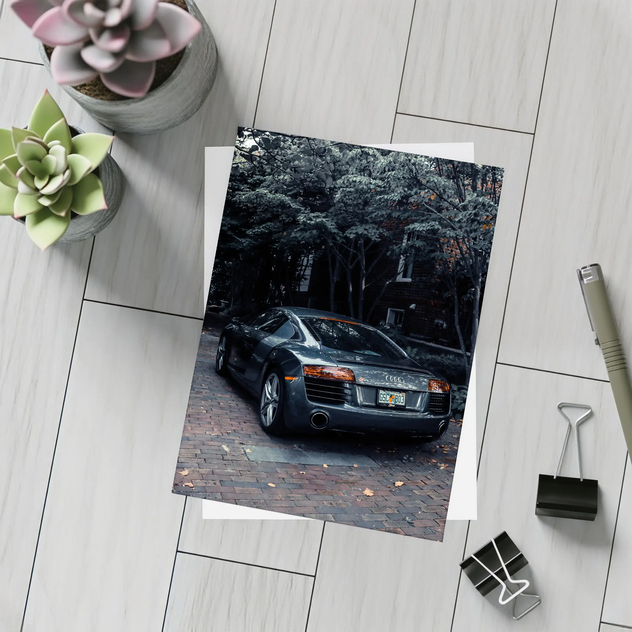Audi R8 Parked on Brick Street Trees – Postcards