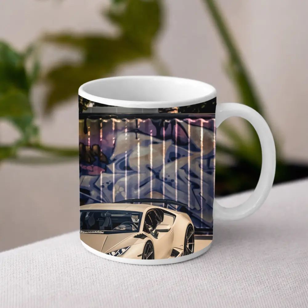 Lamborghini Huracan Beige Graffiti Wall Background – Mugs